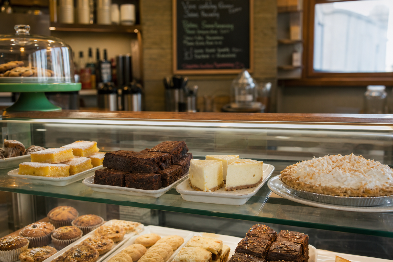 A cafe dessert case with lemon bars, brownies, cheesecake, and coconut cream pie